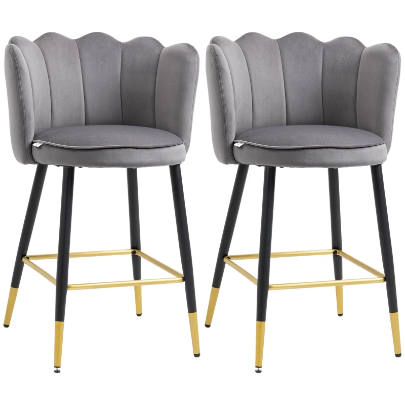 HOMCOM Set de 2 Scaune de Bar Catifelate cu Suport pentru Picioare și Bază din Oțel, 59x52x90cm, Gri