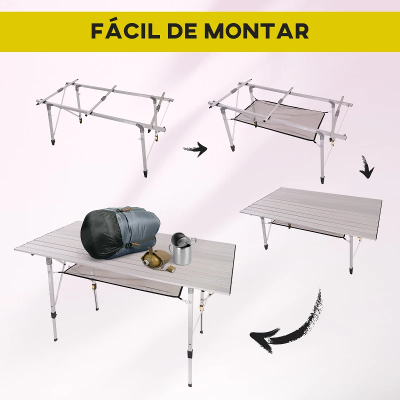 Outsunny Mesa de Pícnic Portátil de Aluminio con Altura Ajustable Estante y Bolsa de Transporte 120x69x59-78 cm Plata