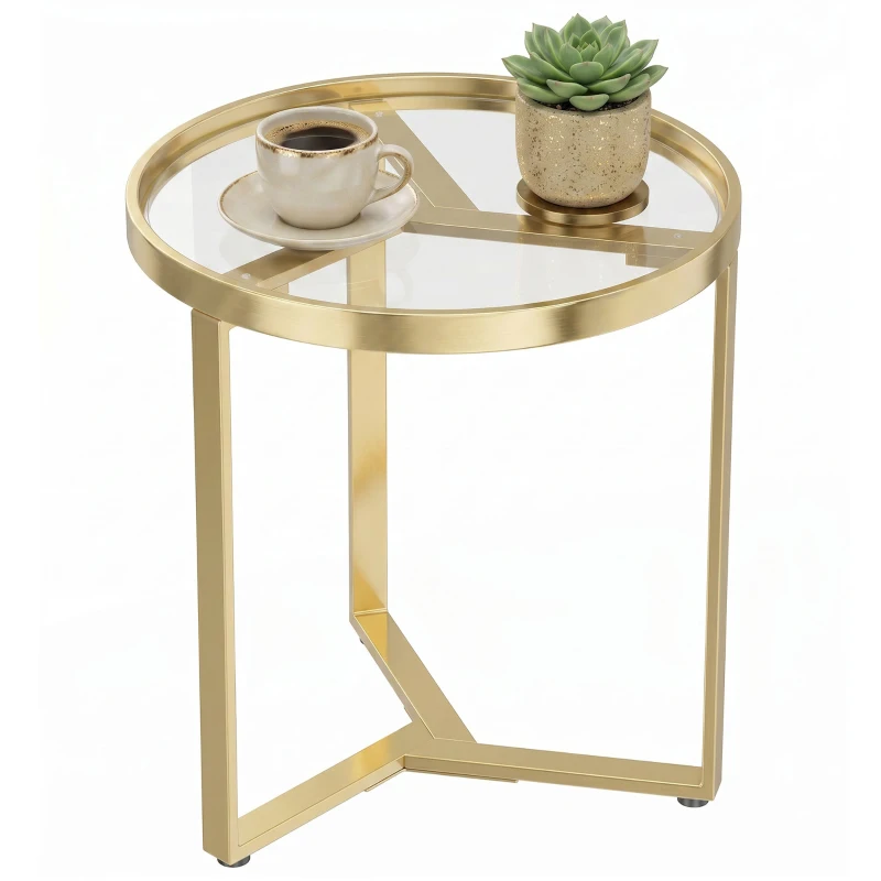 HOMCOM Round Side Table with Tempered Glass Top and Geometric Metal Frame for Small Space, Gold Tone