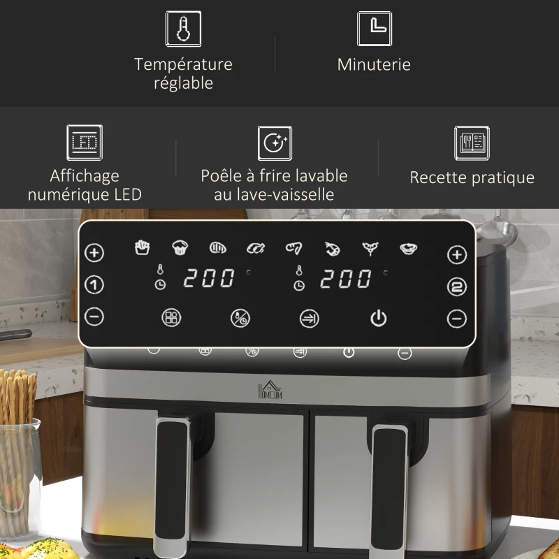 HOMCOM Friteuse à air sans huile, Air Fryer, double compartiment 8,5 L, 2700 W - 8 programmes, température réglable, minuterie