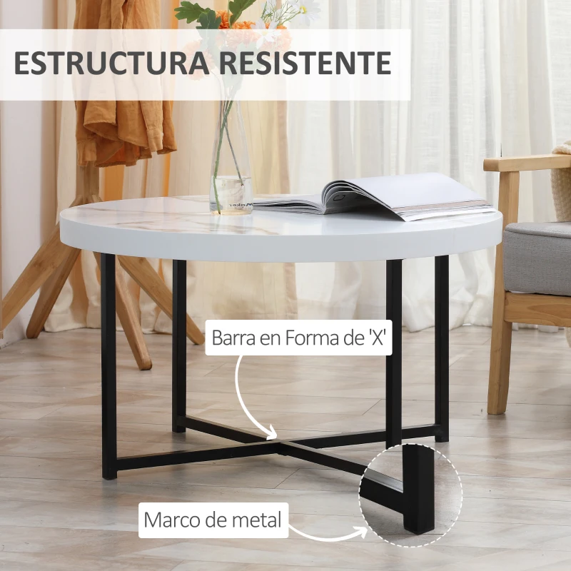 HOMCOM Mesa de Centro Mesa de Salón Redonda con Encimera Símil Mármol y Marco de Metal Estilo Moderno 80x80x45 cm Blanco