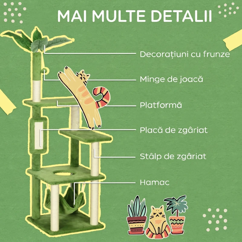 PawHut Arbore pentru Pisici cu Amac, Minge și Stâlpi de Scris din Sisal, 49x49x142 cm, Verde