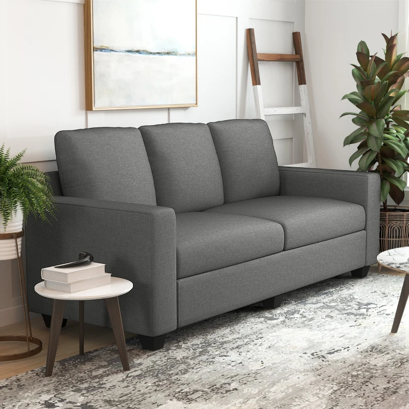 HOMCOM Canapea 3 locuri din material textil cu perne capitonate și tapițerie cu efect de in, 237x94x102cm, gri(m-10)
