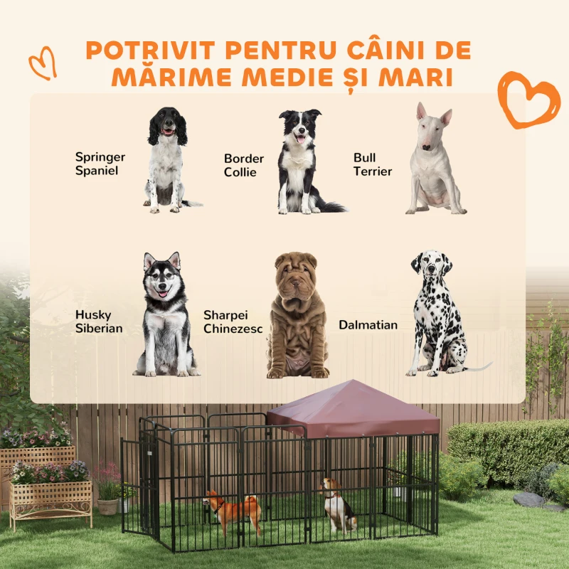 PawHut Țarc pentru câini de exterior din metal cu acoperiș, 282x141x160,5cm, maro(m-4)