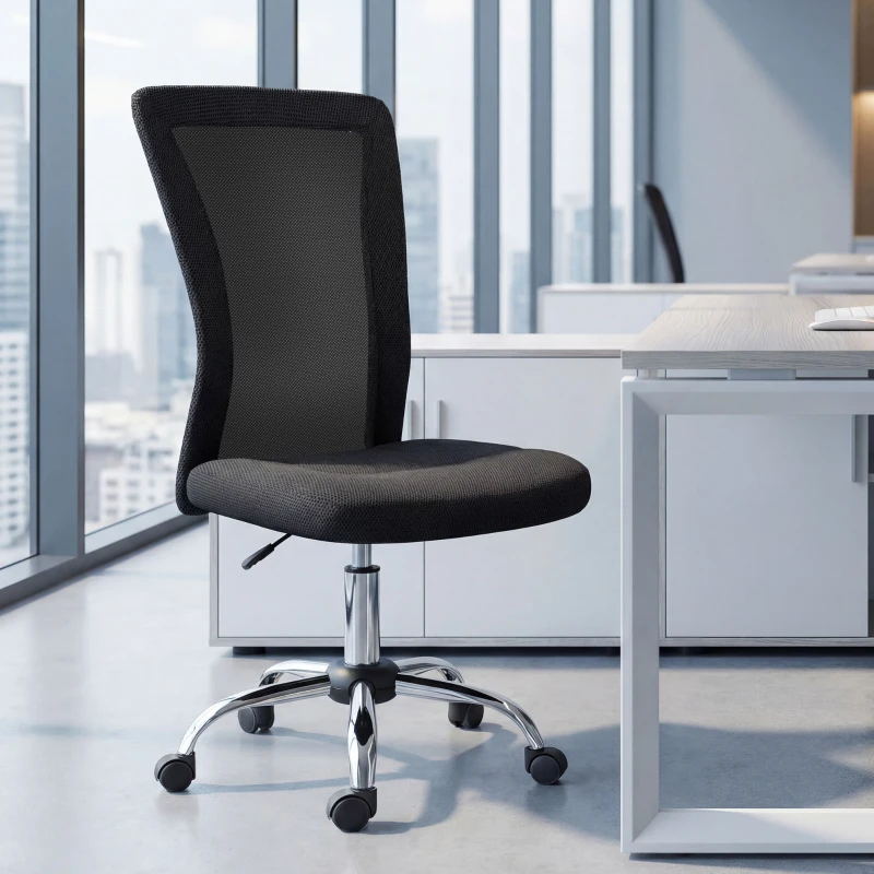 Vinsetto Sedia da Ufficio Ergonomica Senza Braccioli, Sedia per Scrivania in Tessuto Traspirante a Rete, Altezza Regolabile e 5 Ruote, 43x58x90-100 cm, Nero