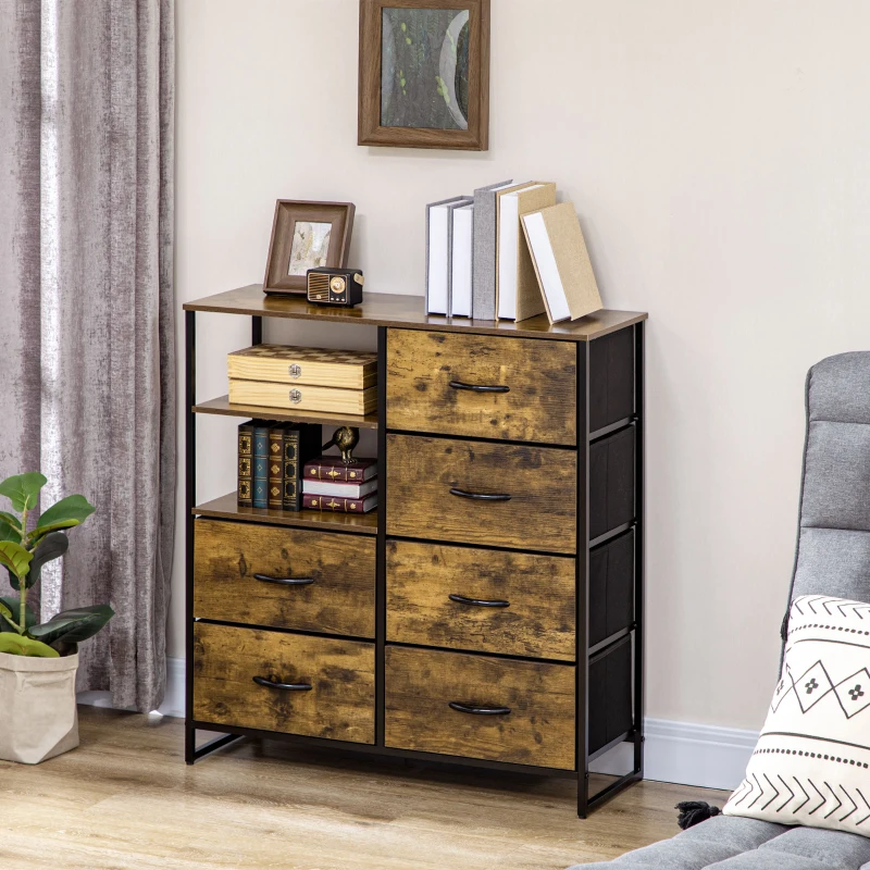 HOMCOM Meuble de rangement commode style industriel 6 tiroirs pliables 2 étagères acier et bois 84 x 30 x 92 cm
