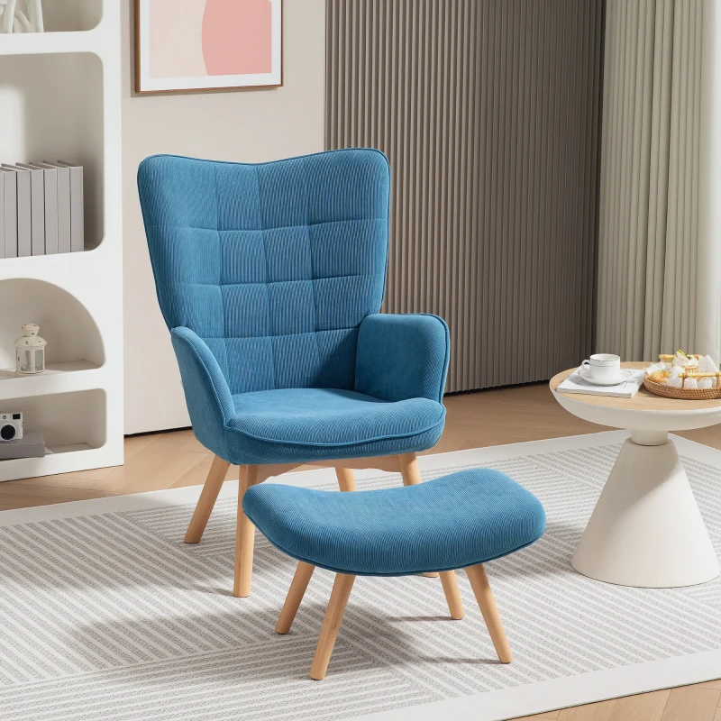 HOMCOM Akzentsessel mit Hocker, Relaxsessel in Cord-Optik, Armlehnstuhl mit Holzbeinen, für Wohnzimmer, Blau(m-10)