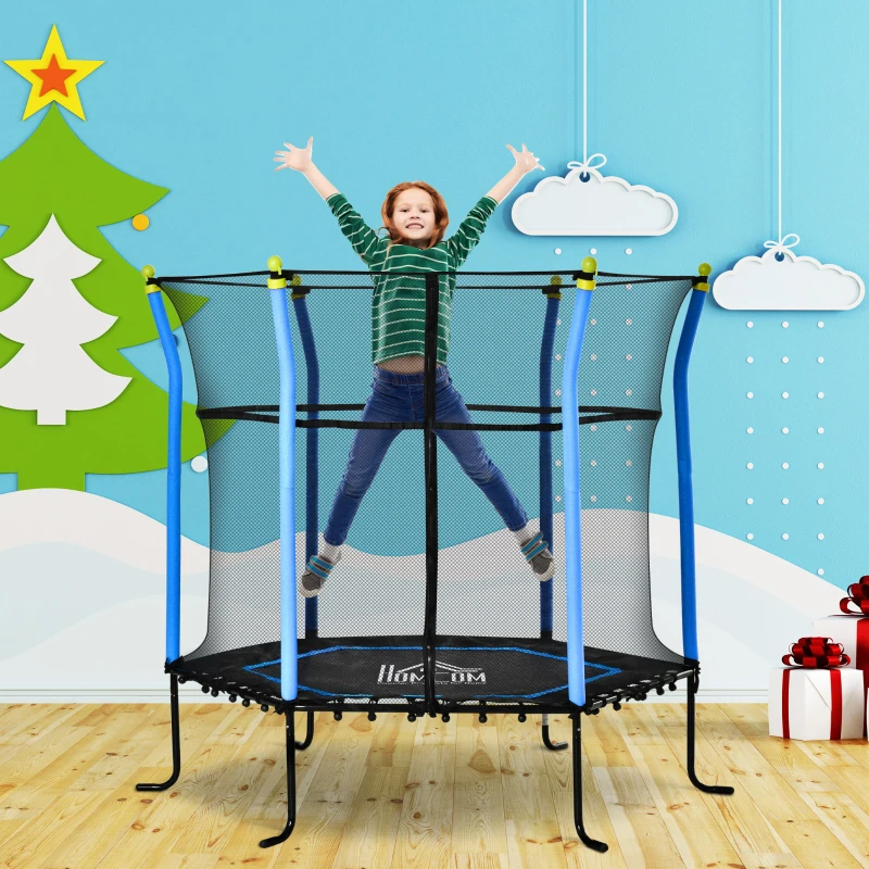 HOMCOM Tappeto Elastico per Bambini 3-10 Anni con Rete di Sicurezza e Corde Elastiche, Φ163.5x163.5 cm, Blu e Nero