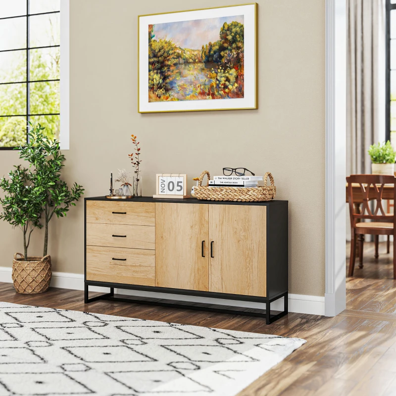 HOMCOM Credenza Moderna con 3 Cassetti e un Armadietto Cucina 2 Ante Soft-Close con Ripiano Regolabile