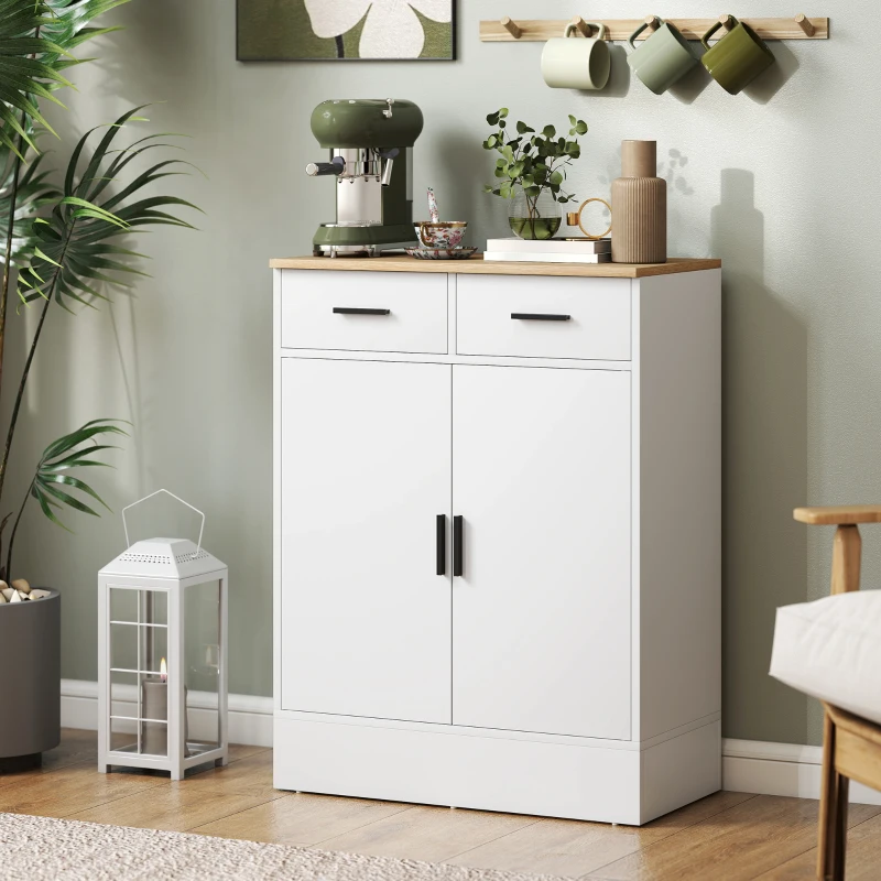 HOMCOM Credenza Moderna 2 Cassetti e Armadietto 2 Ante, Ripiano Interno Regolabile, Bianco e Legno