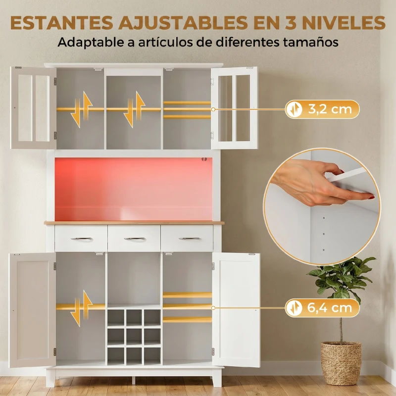 HOMCOM Alacena de Cocina con Iluminación LED Control por APP Encimera para Microondas Botellero Puertas de Vidrio Blanco