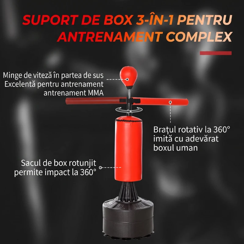 HOMCOM Sac de Box Reglabil pe Înălțime cu Punching Ball și Bază Umplibilă, 88x48x155-205 cm, Roșu și Negru