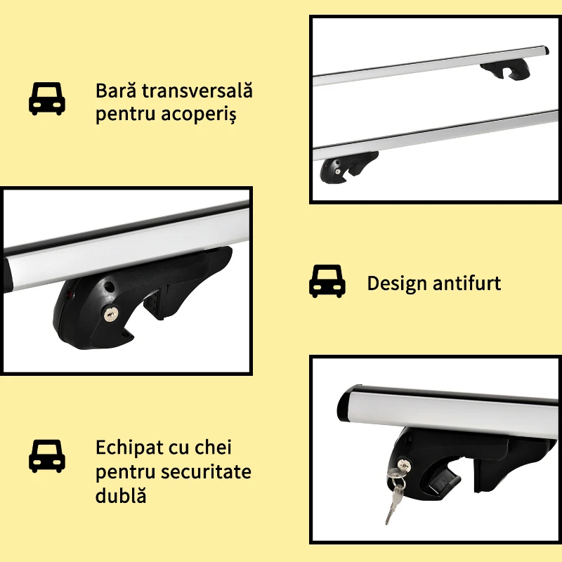 HOMCOM Bare transversale auto 135 cm, portbagaj blocabil cu 2 chei, compatibile cu șine laterale de 120 cm, argintie