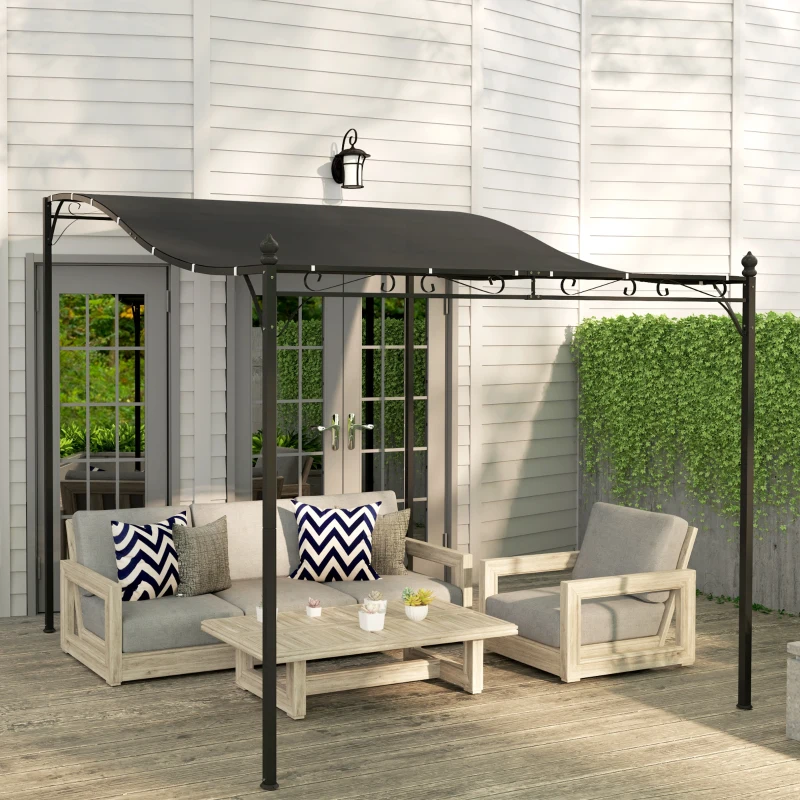 Outsunny 3 x 2,5 m Pergola, Wandmontierter Garten-Pavillon, wasserbeständig, Metallrahmen, Ablauflöcher, Schattendach, Dunkelgrau