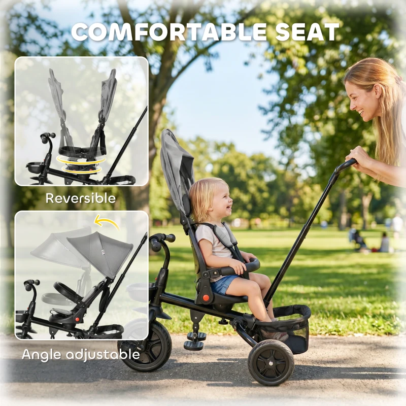 HOMCOM 4 in 1 Kids Trike Toddler Foldable Pedal Tricycle w/ Reversible Angle Adjustable Seat Removable Handle Canopy Belt Brake - Grey