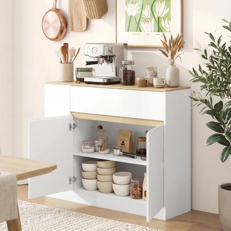 HOMCOM Sideboard, großes Schrankfach, 3 Ablagefächer, Schublade, 106 x 30 x 81,2cm, Weiß/Holz(m-10)