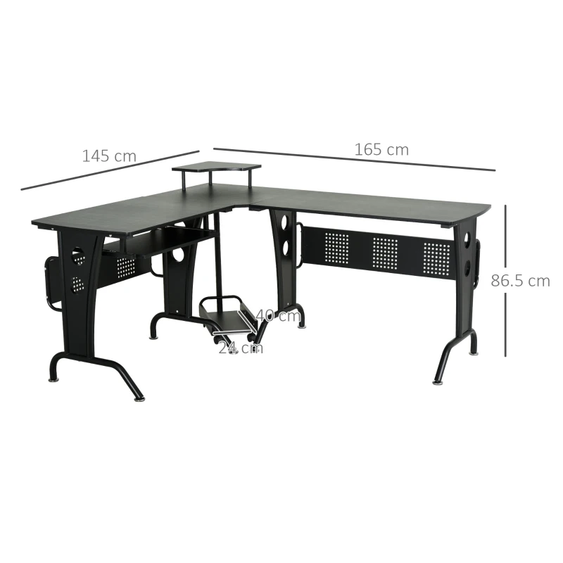 HOMCOM L-Shaped Computer Desk for PC, Corner Table for Small Spaces with Elevated Shelf, Keyboard Tray, CPU Stand, Home Office Workstation, Black
