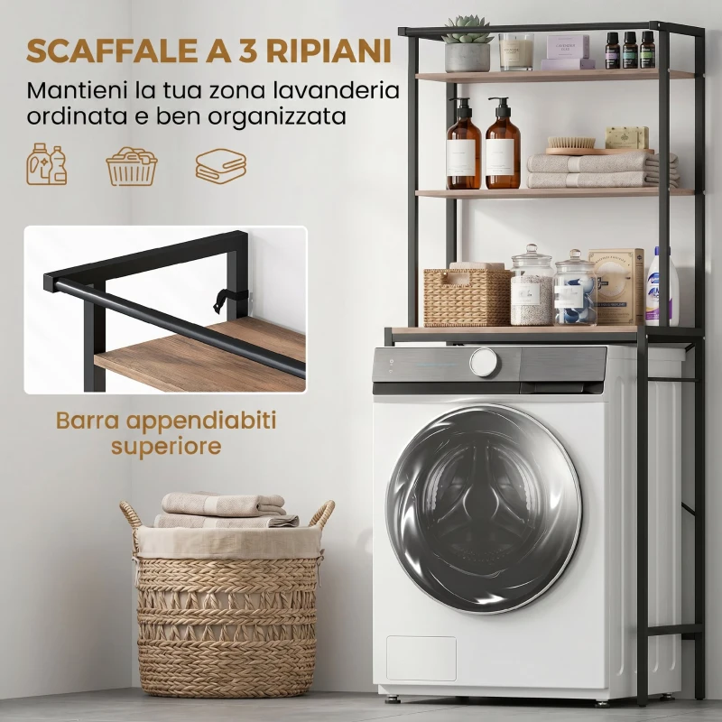 HOMCOM Mobile Sopra Lavatrice a 3 Ripiani con Barra Appendiabiti, in Legno e Acciaio, 67x40x161.8 cm, Marrone e Nero