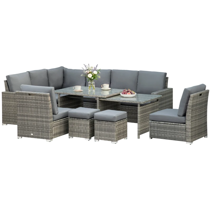 Outsunny Seven-Piece Rattan Garden Sofa Set, with Expanding Table - Grey