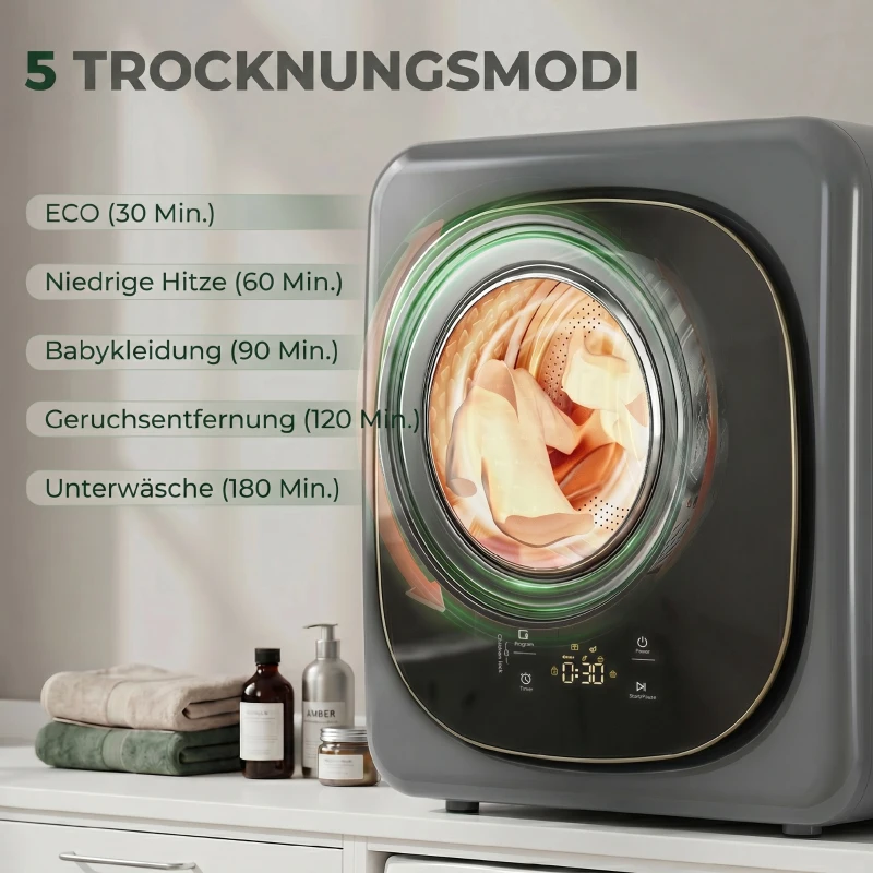 HOMCOM 4 kg Wäschetrockner, kompaktes Design, 5 Modi, Timer, Grau+Schwarz