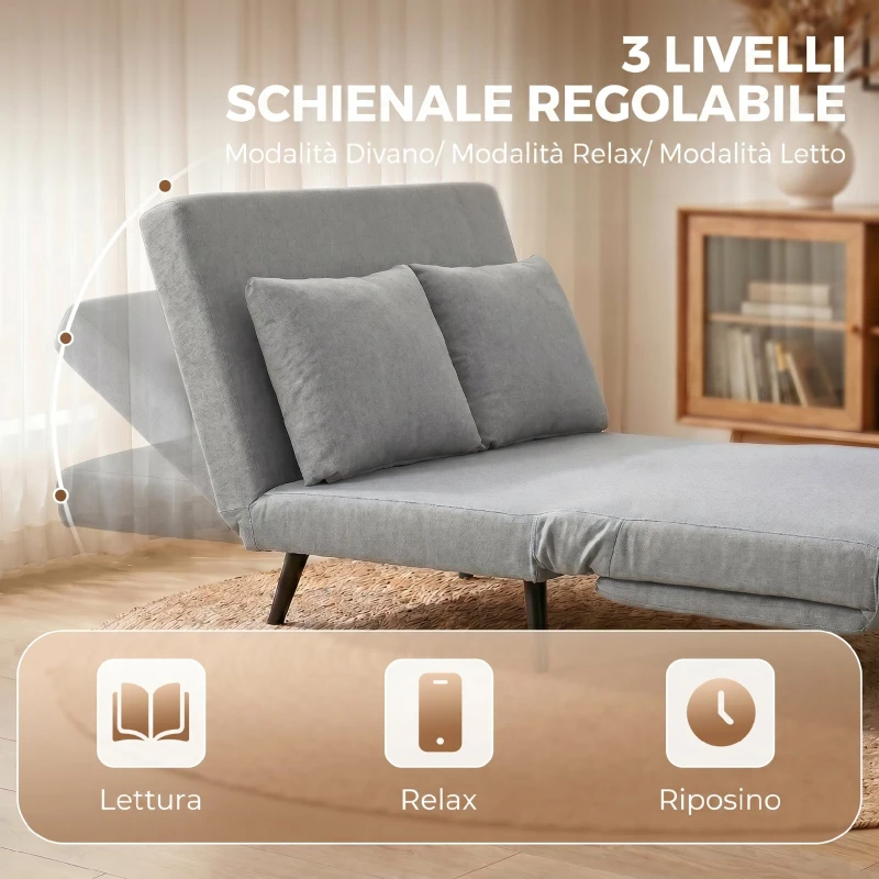 HOMCOM Divano Letto 2 Posti 3 in 1 in Tessuto Effetto Lino con 2 Cuscini, Struttura in Eucalipto, Grigio Chiaro