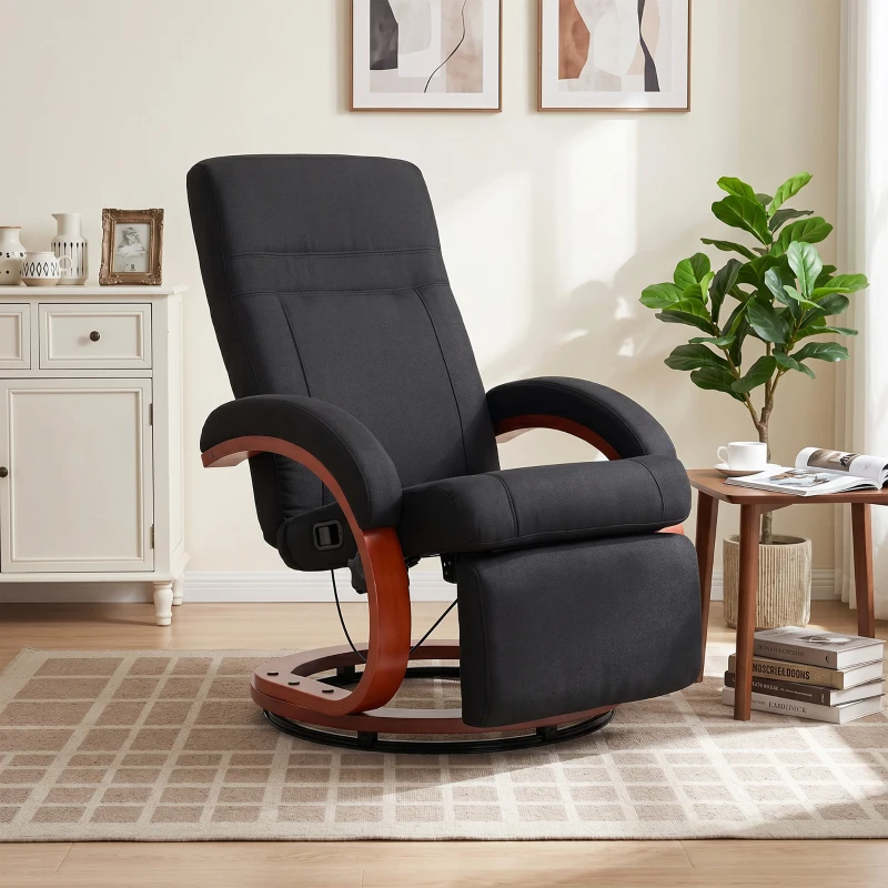 HOMCOM Poltrona Relax con Funzione Reclinabile, Poltrona TV con Schienale Alto, Bracciolo Ergonomico, Poggiapiedi e Base in Legno, Effetto Lino, Nero