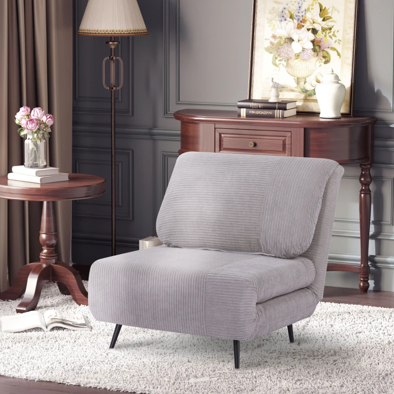 HOMCOM Poltrona Letto Singola 2 in 1 con Schienale Regolabile su 3 Livelli, in Legno e Acciaio, Grigio Chiaro