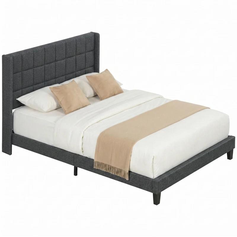 HOMCOM Cama 135x190 cm Estrutura de Cama com Cabeceira Estofada em Linho e Espaço de Armazenamento Debaixo da Cama Cinza