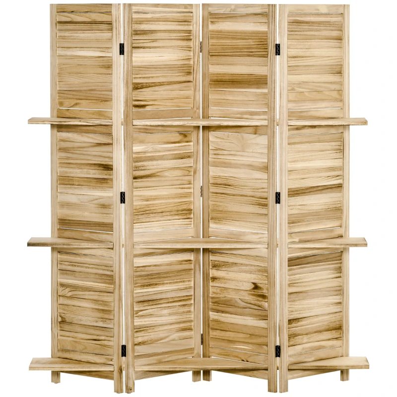 HOMCOM Paravan Separator Interior Pliabil cu 4 Panouri și Rafturi din Lemn de Paulownia, 162x170 cm, Lemn
