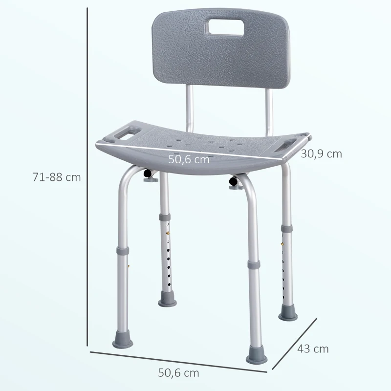 HOMCOM Taburete de Ducha Silla para Ducha con Respaldo Antideslizante Altura Regulable en 8 Niveles Carga 136 kg