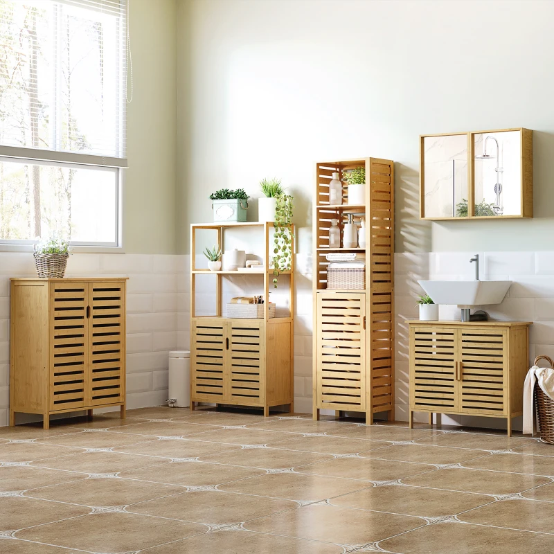 kleankin Specchiera da Bagno in Bambù e Vetro con 3 Ripiani, 2 Ante e Montaggio a Muro, 65.2x14x50 cm, color Legno