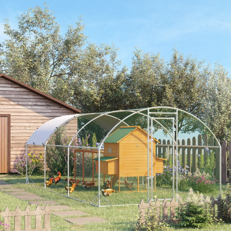 PawHut Gallinero de Exterior Grande para 12-18 Gallinas de Acero Galvanizado y Techo de Tela Oxford 5,7x2,8x1,97 m Plata