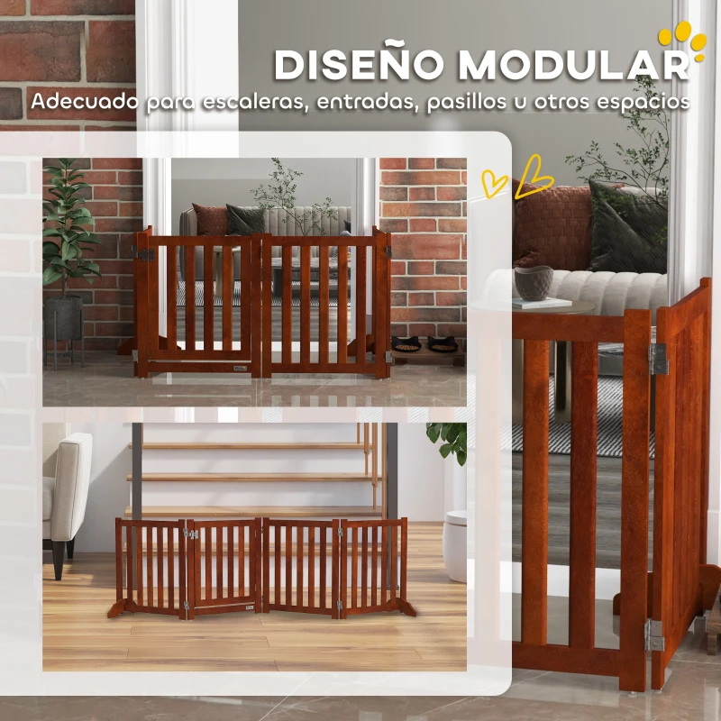 PawHut Barrera de Seguridad para Perros para Escaleras y Puertas Diseño Plegable y Soporte de Pie 205x30x60 cm Marrón