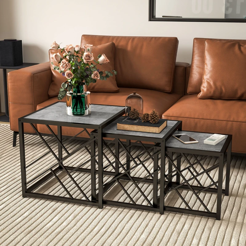 HOMCOM Set of 3 Nesting Coffee Tables, Square Side Tables with Black Metal Frame, for Living Room, Bedroom and Office, Grey