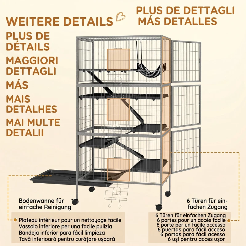 PawHut Cușcă pentru Iepuri cu 4 Intrări pe Niveluri Multiple cu Hamac, din Oțel și PP, 80x52x159 cm