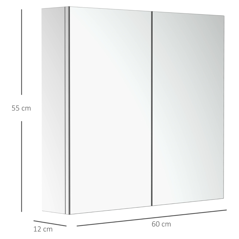 HOMCOM Bathroom Mirror Cabinet - Stainless Steel Wall Mounted Bathroom Storage Cabinet with Double Doors, 60x55cm