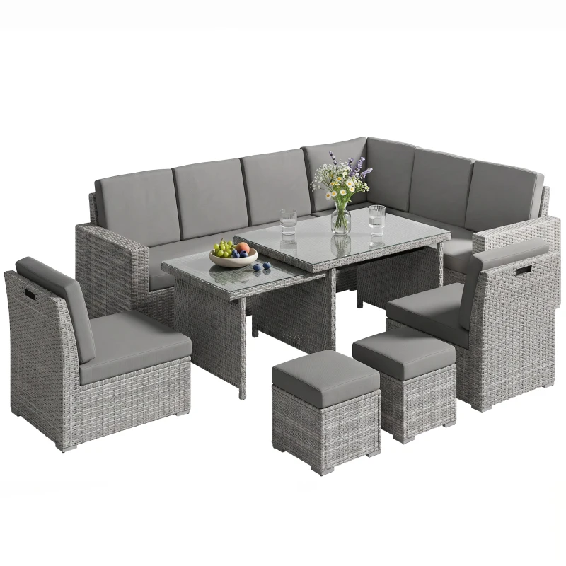 Outsunny Seven-Piece Rattan Garden Sofa Set, with Expanding Table - Light Grey
