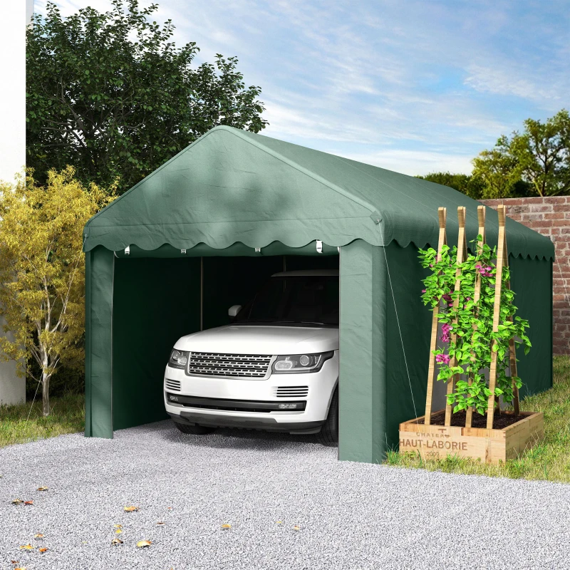 Outsunny 3x6 m Tragbarer Carport, Fahrzeugunterstand mit 2 Eingängen, Polyesterdach, für Autos, Boote, Gartengeräte, Dunkelgrün(m-10)