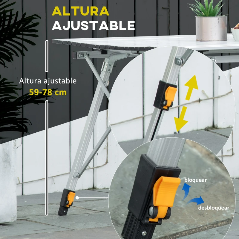 Outsunny Mesa de Pícnic Portátil de Aluminio con Altura Ajustable Estante y Bolsa de Transporte 120x69x59-78 cm Plata