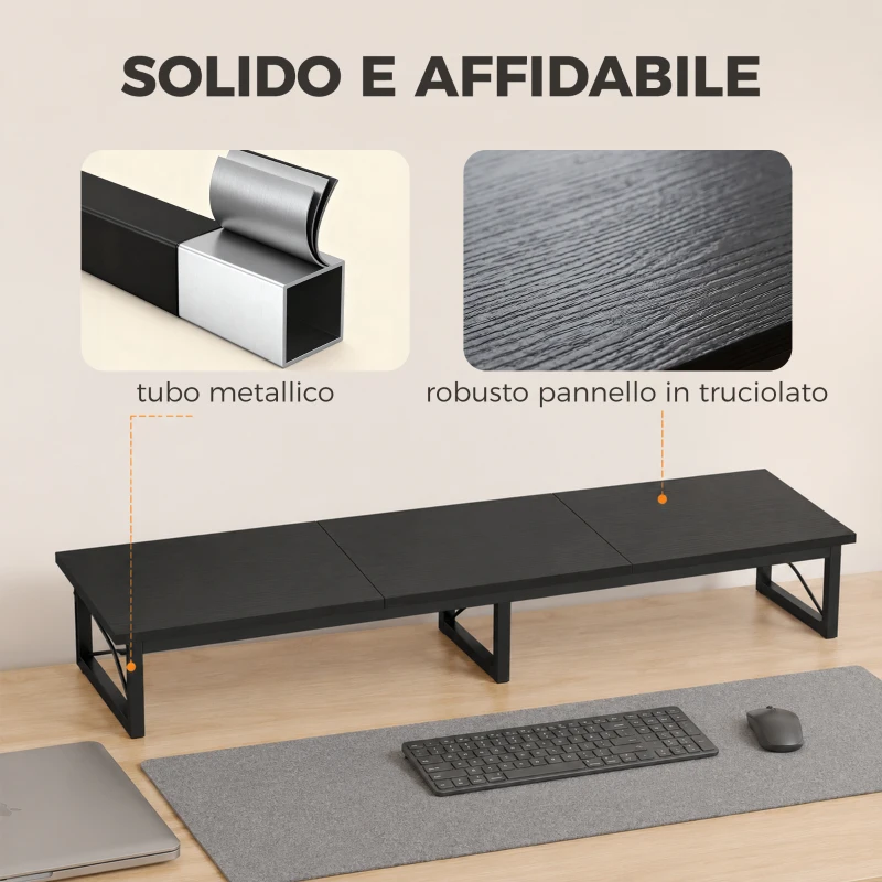 HOMCOM Supporto Monitor Scrivania, Rialzo Legno con 2 Scomparti Portaoggetti, Nero