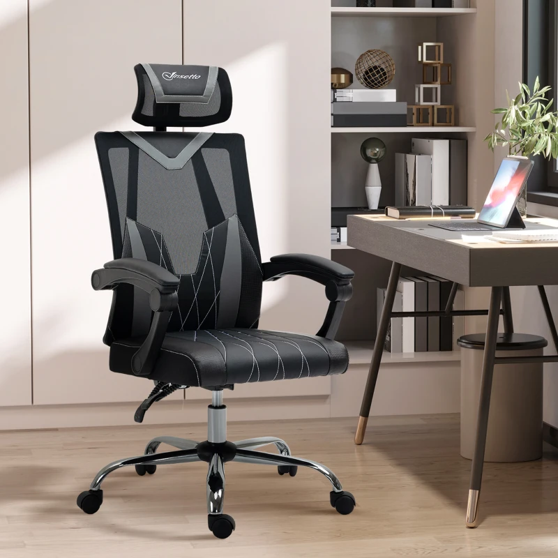 Vinsetto Fauteuil de bureau pivotante 360° avec appui-tête et support lombaire - hauteur d'assise réglable 58 x 62,5 x 112-120 cm gris