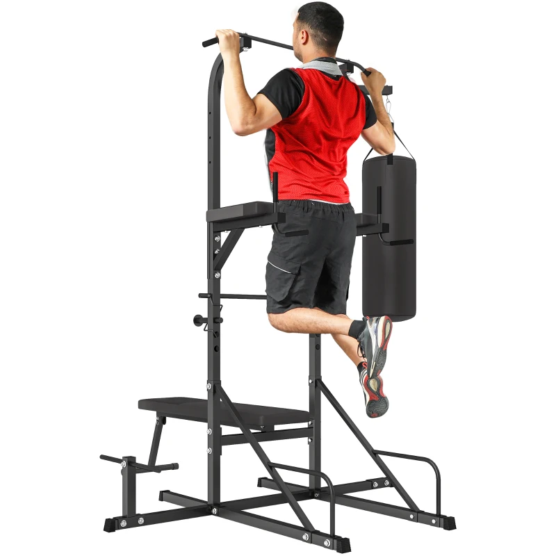 HOMCOM Home Gym Power Tower with Bench and Punching Bag, Multi-Function Adjustable Dip Sit Up Workout Station Equipment Heavy Duty for Home