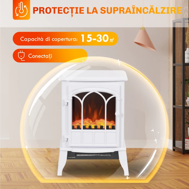 HOMCOM Șemineu Electric de Podea, Putere 1000W / 2000W, cu Efect de Flacără Reglabil, 39x23x56,5cm, Alb