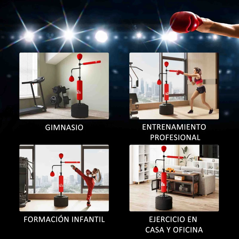 HOMCOM Saco de Boxeo de Pie Ajustable en Altura con Barra Giratoria de 360° 2 Bolas y Base Rellenable 88x50x160-230 cm Rojo