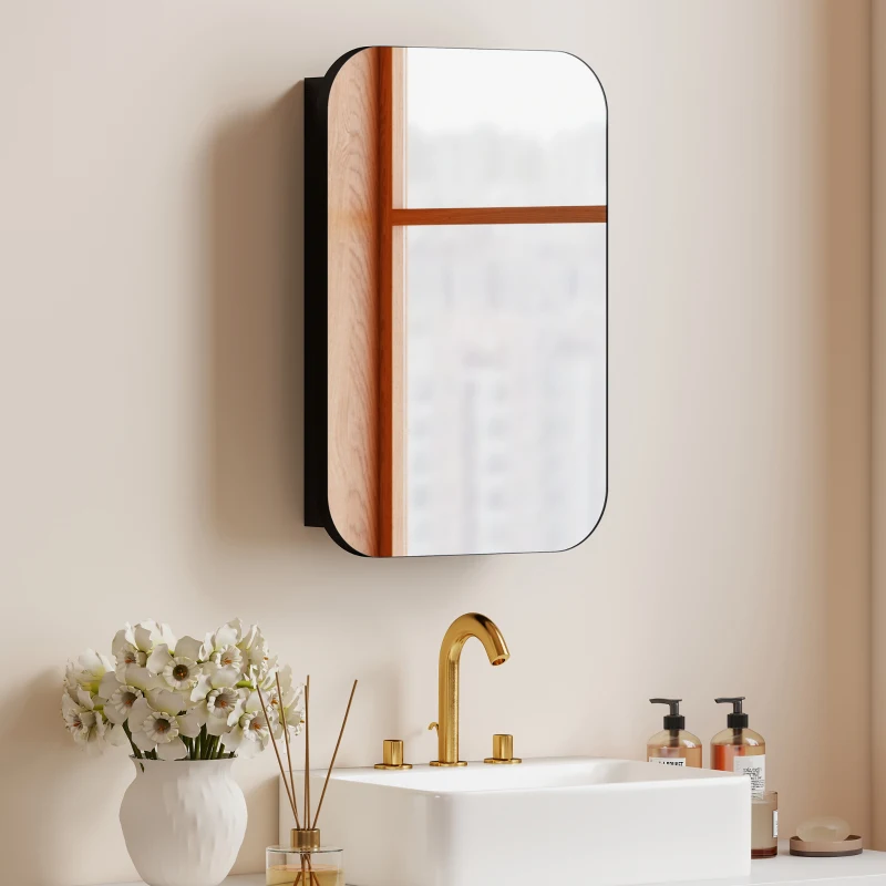 HOMCOM Spiegelschrank Bad, Badezimmerschrank mit Spiegel, Hängeschrank mit Verstellbarem Regal, 40 x 10 x 60 cm, Schwarz