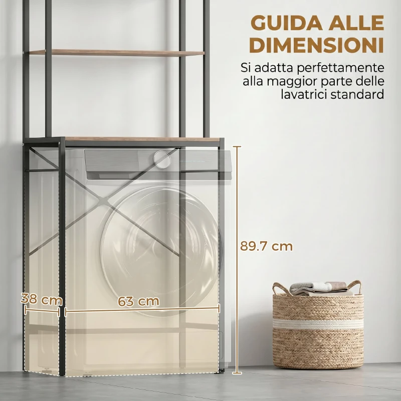 HOMCOM Mobile Sopra Lavatrice a 3 Ripiani con Barra Appendiabiti, in Legno e Acciaio, 67x40x161.8 cm, Marrone e Nero
