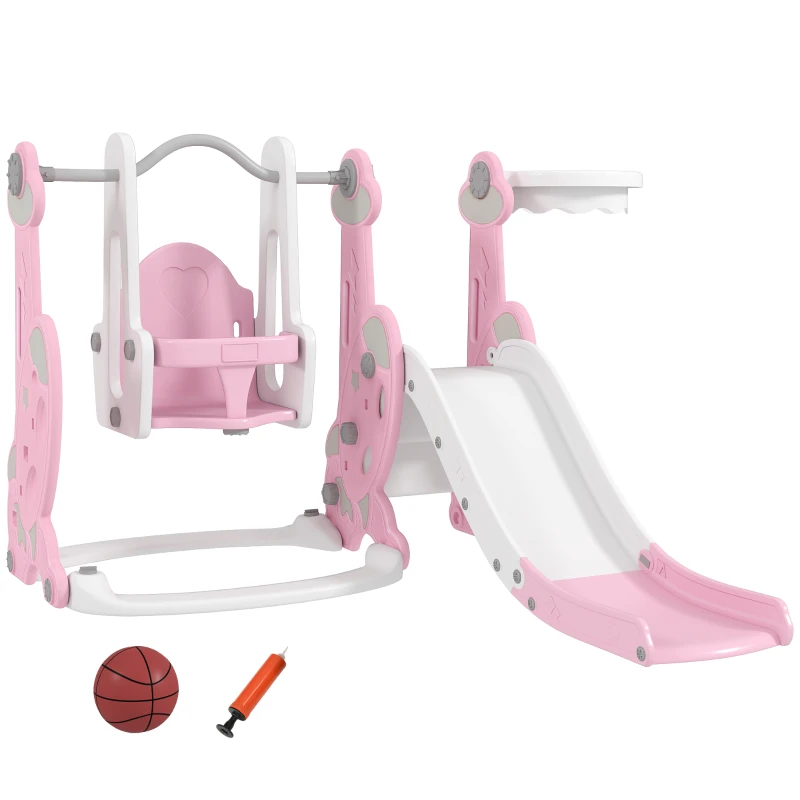 AIYAPLAY 4-in-1 Kinderrutsche mit Schaukel, Kletterleiter und Basketballkorb, 18-48 Monate, Rosa