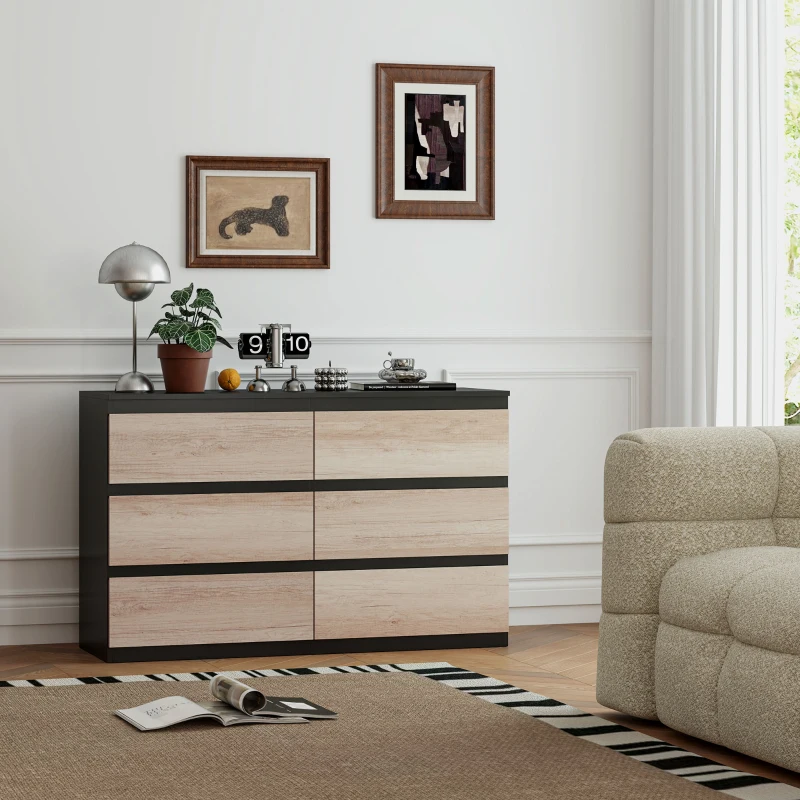 HOMCOM Comodă cu 6 Sertare pentru Dormitor din Lemn cu Șine Metalice, 120x39x75 cm, Neagră și de Culoarea Lemnului(m-7)
