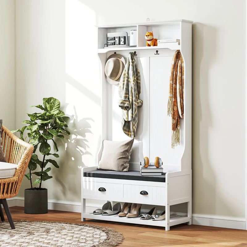 HOMCOM Garderobenständer mit Haken, Garderobe mit Schuhbank, für Eingangsbereich, Flur, Metall, MDF, Weiß+Grau