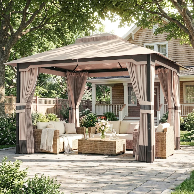 Outsunny Gazebo 3x3.6m con Zanzariera, Tende, Tetto Doppio Strato, Cachi